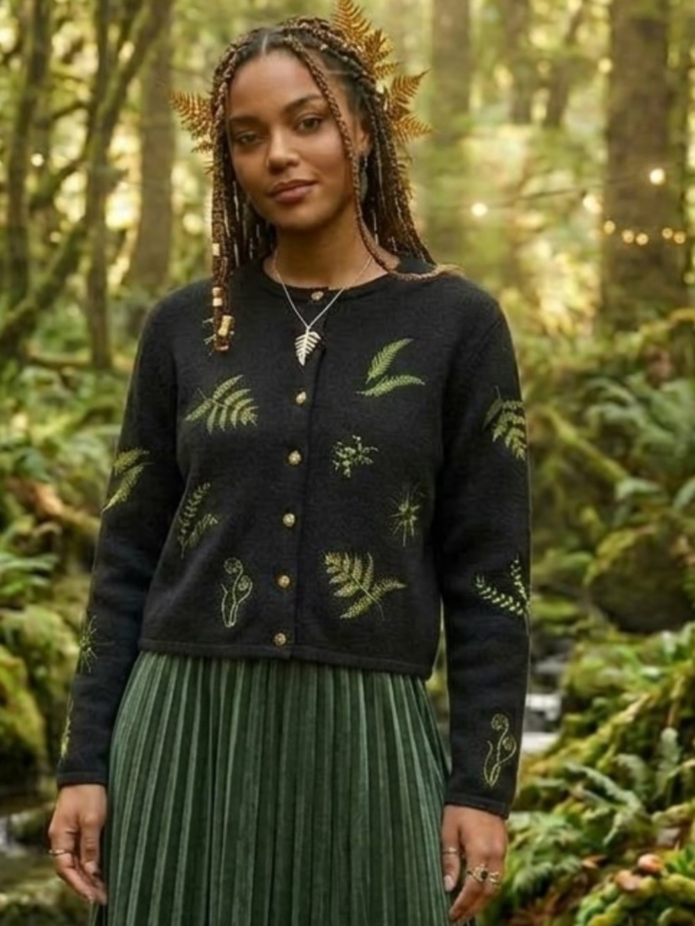 Vintage Black Wool Forest Fern Embroidered Cardigan Large Whimsigoth Cabincore